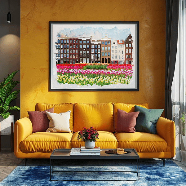 Contemporary living space featuring a horizontal watercolor painting of Amsterdam. The decor includes a comfortable sofa, colorful cushions, and warm lighting, complementing the vibrant colors and lively mood of the artwork.