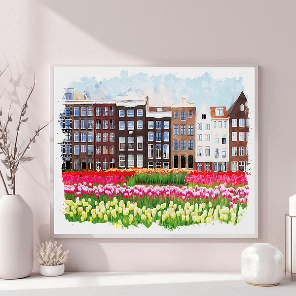 Bright and elegant interior featuring a horizontal watercolor painting of Amsterdam with colorful tulip fields and traditional Dutch architecture. The room's decor includes minimalistic elements, such as white vases and soft lighting, creating a serene and inviting atmosphere.