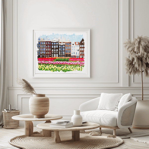 Minimalist interior room showcasing a horizontal watercolor painting of Amsterdam with tulip fields. The room features simple yet elegant decor with a comfortable sofa, indoor plants, and warm lighting.