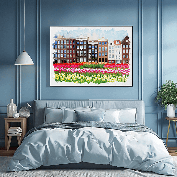 Chic bedroom featuring a horizontal watercolor painting of Amsterdam's tulip fields and Dutch architecture. The room is decorated with soft lighting, a comfortable bed, and stylish cushions, creating a cozy and inviting atmosphere.