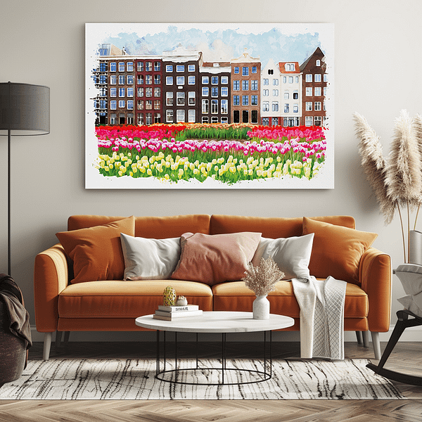 Bright and airy living room with a horizontal watercolor painting of Amsterdam. The decor includes a comfortable sofa, colorful cushions, and indoor plants, creating a lively and inviting space.