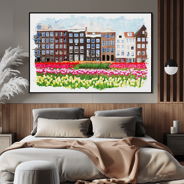 Stylish bedroom showcasing a horizontal watercolor painting of Amsterdam. The decor features a cozy bed, soft lighting, and indoor plants, complementing the vibrant colors and cheerful mood of the artwork.