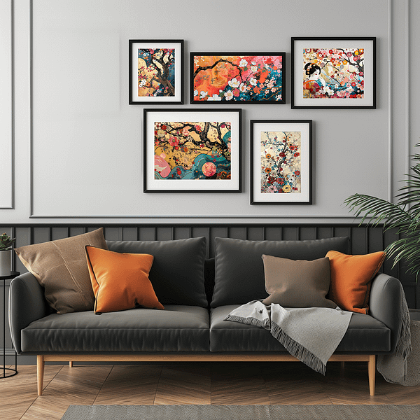 Colorful Japanese Wall Art Set of 5 Prints