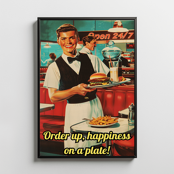 Retro diner art featuring a cheerful waiter holding a burger and fries in a black frame.