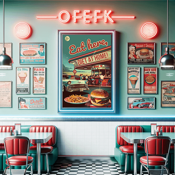 Retro diner poster featuring "Eat here, DIET AT HOME!" displayed in a classic American diner setting with red booths and vintage decor.