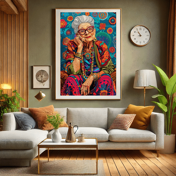 Bohemian art illustration of a vintage fashion icon displayed in a cozy living room setting with a modern, eclectic decor.