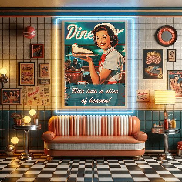 An image of a retro-style diner interior with a neon-lit poster on the wall showing a smiling waitress holding a slice of cake. The poster reads: "Bite into a slice of heaven!