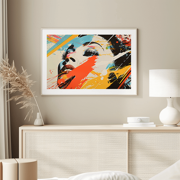 Pop Art Digital Print showcased in an elegant bedroom environment.