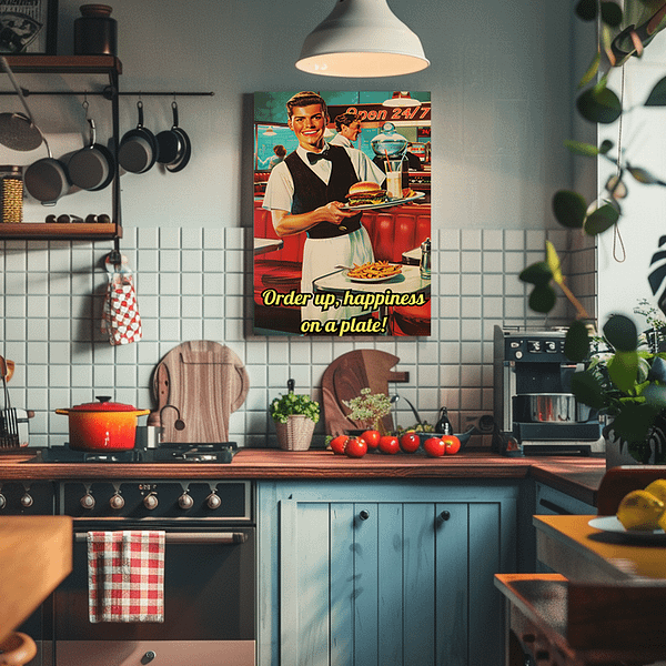 Retro diner art hanging in a cozy kitchen with a wooden countertop and cooking utensils.