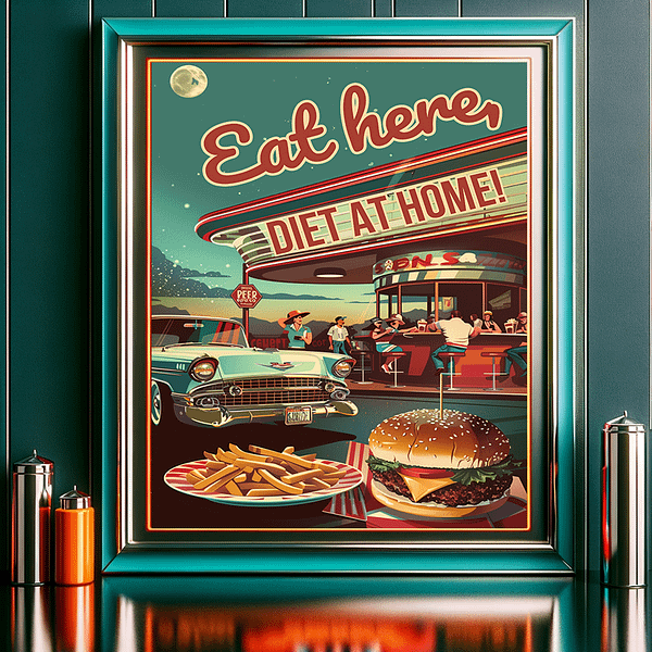 Close-up view of the retro diner poster with the text "Eat here, DIET AT HOME!" showcasing vibrant colors and detailed artwork.