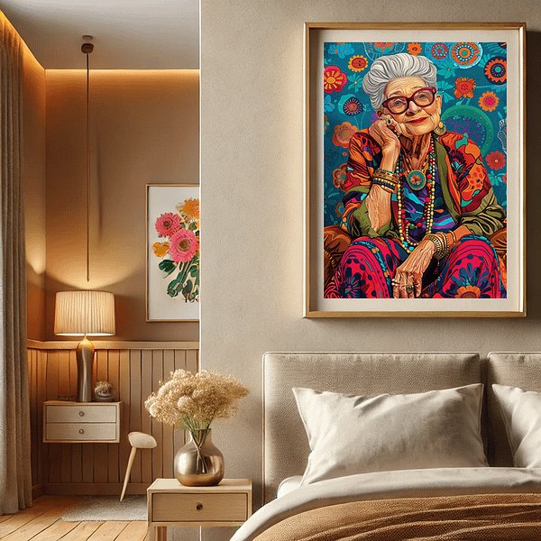 Bohemian art illustration of a vintage fashion icon displayed in a warm and inviting bedroom with contemporary decor.