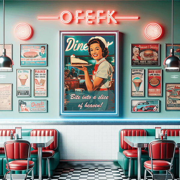 An American diner interior with vintage decor. A poster on the wall features a waitress holding a cake slice. The poster reads: "Bite into a slice of h