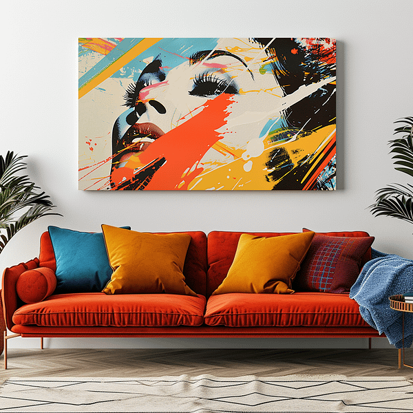 Pop Art Digital Print featured in a vibrant living room with colorful decor.