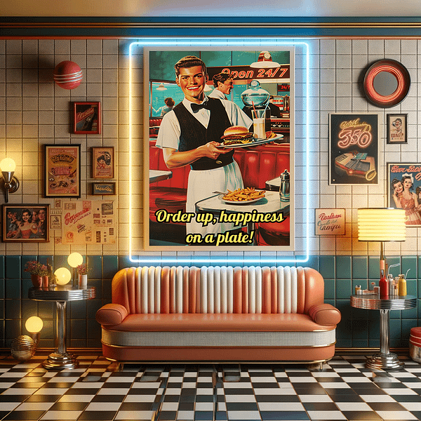 Retro diner art displayed in a 1950s-themed room with neon lights and vintage decor.