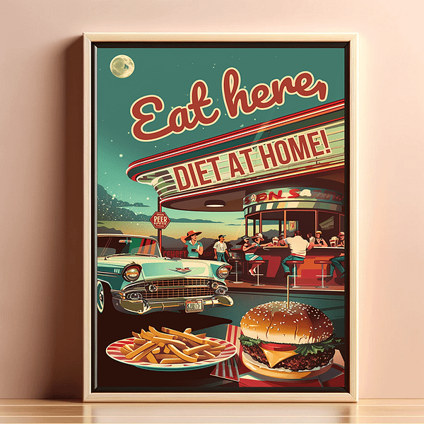 Retro diner poster with the phrase "Eat here, DIET AT HOME!" displayed in a minimalist frame on a simple background.