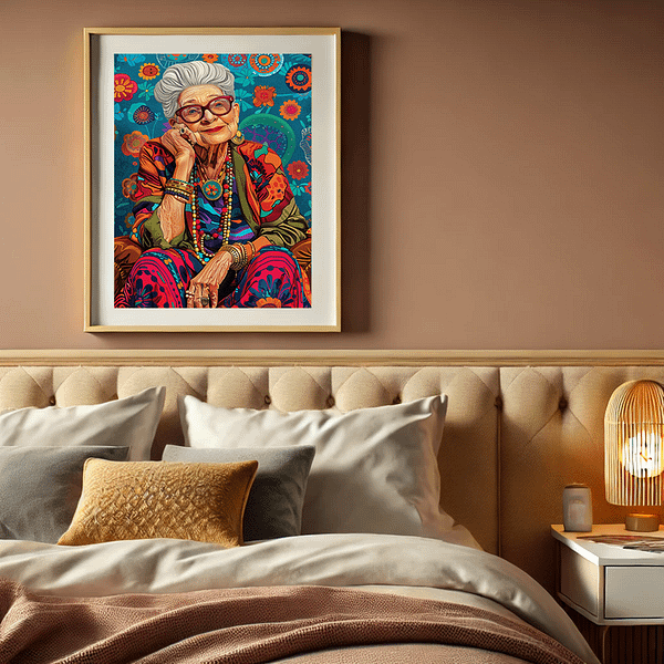 Bohemian art illustration of a vintage fashion icon hanging above a stylish bed in a chic bedroom.