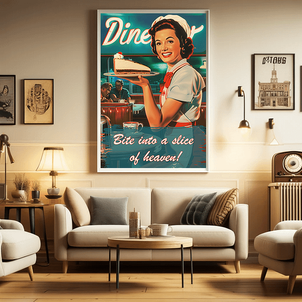 A modern living room interior with a retro poster on the wall. The poster shows a smiling waitress holding a slice of cake, with the text: "Bite into a slice of heaven!"