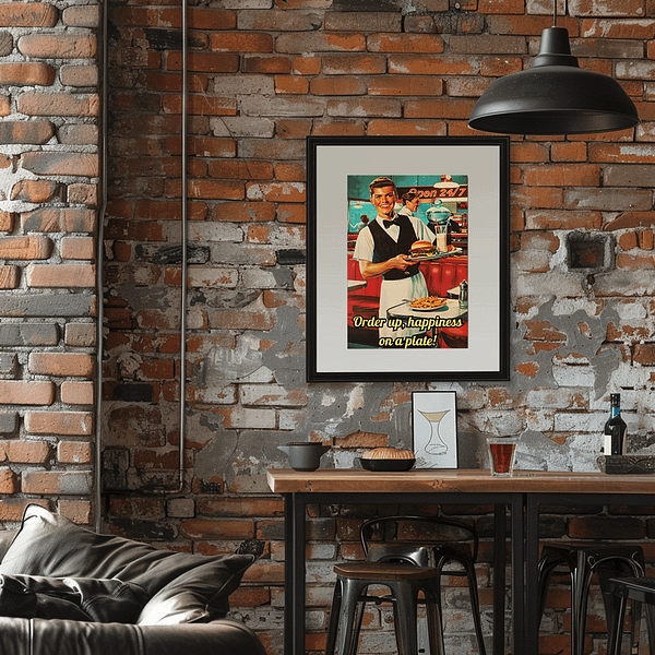 Retro diner art framed and displayed on a rustic brick wall in a stylish room.