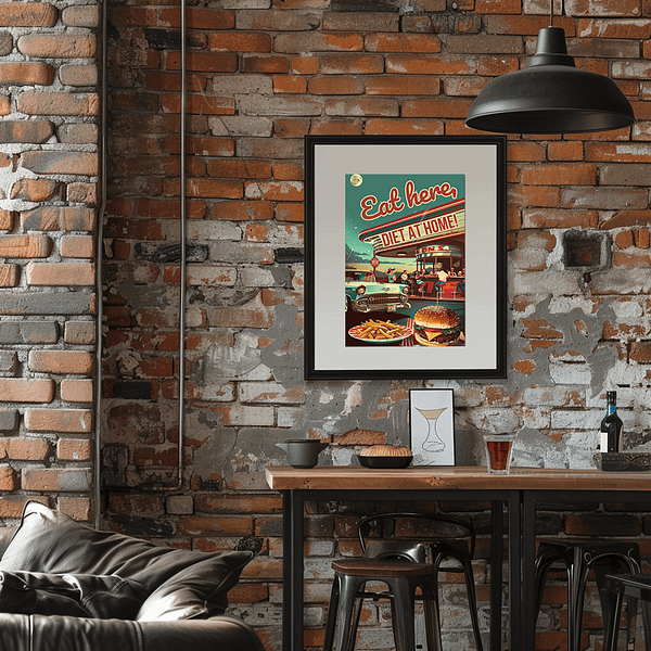 Retro diner poster with "Eat here, DIET AT HOME!" hanging on an industrial-style brick wall above a cozy seating area.