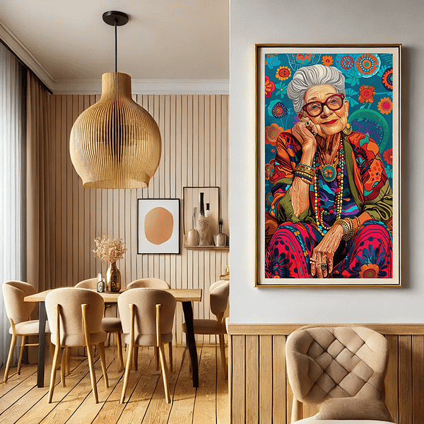 Bohemian art illustration of a vintage fashion icon displayed in an elegant dining room with wooden accents and modern furniture.