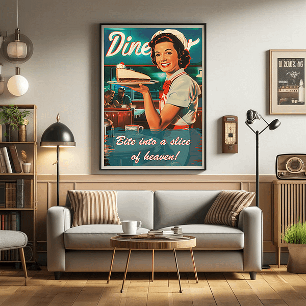 A cozy living room with vintage decor and a retro poster on the wall. The poster features a waitress holding a cake slice, with the text: "Bite into a slice of heaven!"