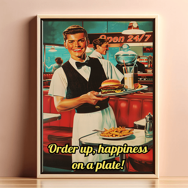 Retro diner art framed in a beige room with soft lighting.