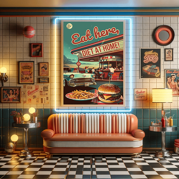 Retro diner poster with "Eat here, DIET AT HOME!" illuminated by neon lights, surrounded by vintage decor in a stylish room.