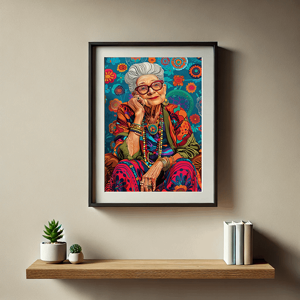 Bohemian art illustration of a vintage fashion icon framed and placed on a minimalist shelf with small potted plants and books.