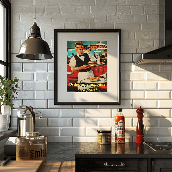 Retro diner art hanging in a modern kitchen with white subway tiles and stainless steel appliances.