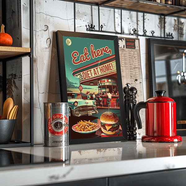 Retro diner poster with "Eat here, DIET AT HOME!" leaning against a kitchen wall, accompanied by retro-themed kitchen items.