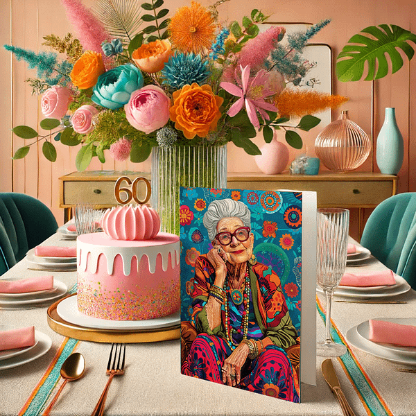 Bohemian art illustration of a vintage fashion icon used as a party decor element on a table with a cake and vibrant flower arrangement.