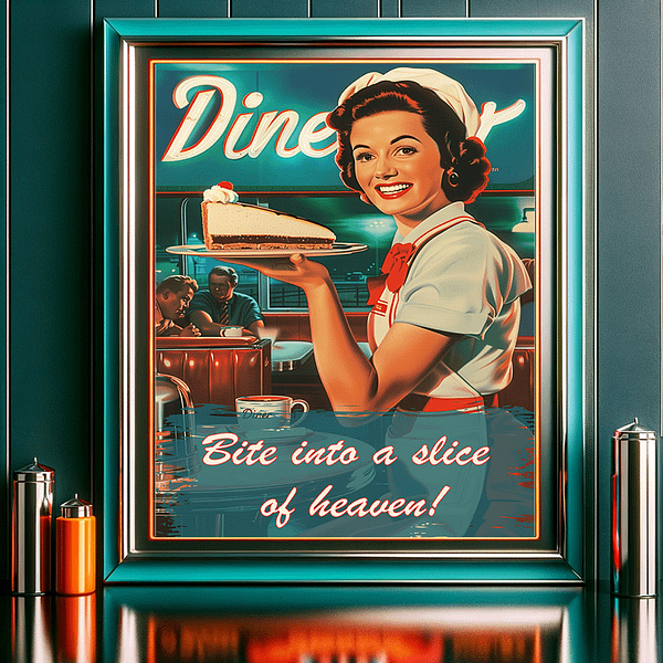 A room with dark green walls displaying a framed retro poster. The poster shows a waitress holding a slice of cake, with the text: "Bite into a slice of heaven!"