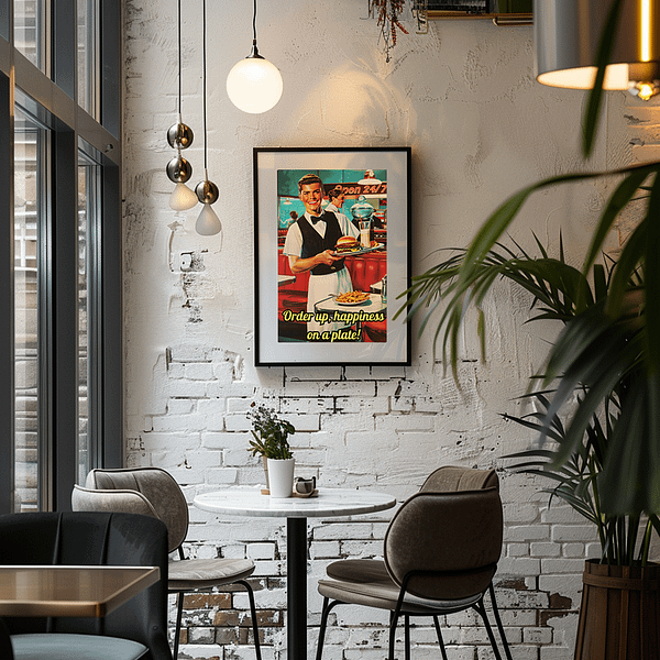 Retro diner art displayed in a chic café with white brick walls and modern furniture.