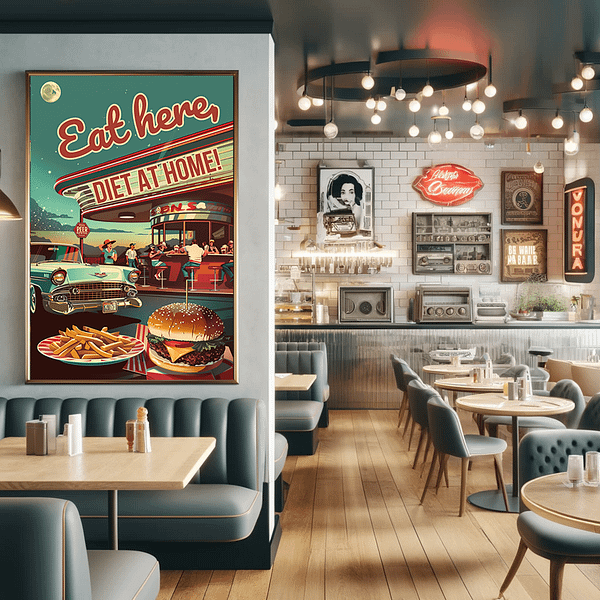 Retro diner poster with "Eat here, DIET AT HOME!" displayed prominently in a chic café setting with modern and vintage elements.