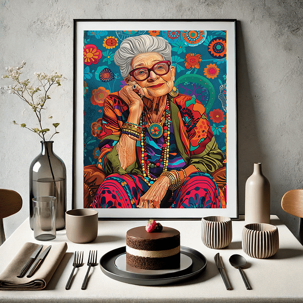 Bohemian art illustration of a vintage fashion icon framed and displayed in a sophisticated dining setup with modern tableware.