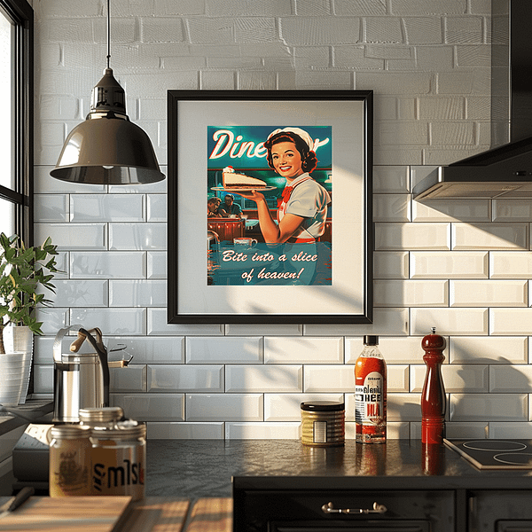 A modern kitchen interior with a framed retro poster on the wall. The poster features a waitress holding a cake slice, with the text: "Bite into a slice of heaven!"