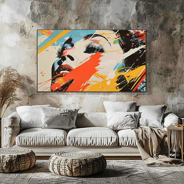 Pop Art Digital Print adorning a rustic living room with unique textures.