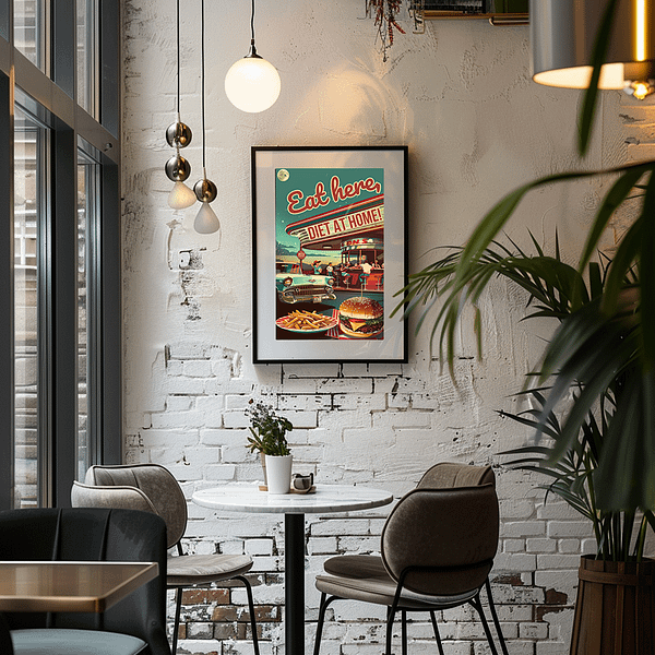 Retro diner poster with "Eat here, DIET AT HOME!" hanging in a cozy corner of a café, blending vintage charm with contemporary decor.