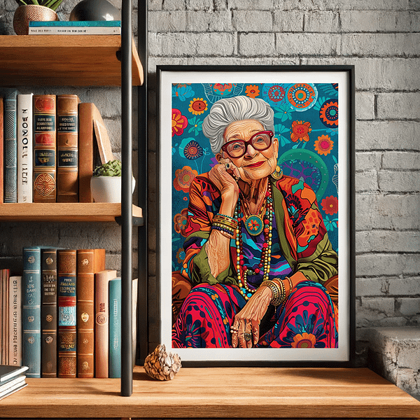 Bohemian art illustration of a vintage fashion icon framed and placed on a bookshelf surrounded by books and modern decor items.