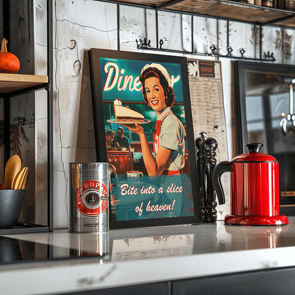 A kitchen countertop with vintage decor and a retro poster leaning against the wall. The poster shows a waitress holding a slice of cake, with the text: "Bite into a slice of heaven!"