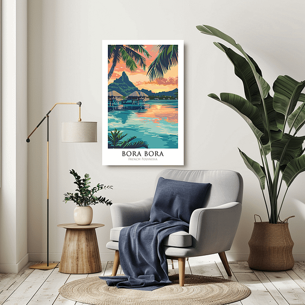 A peaceful Bora Bora Travel Poster featuring overwater bungalows at sunset, perfect for tropical decor.