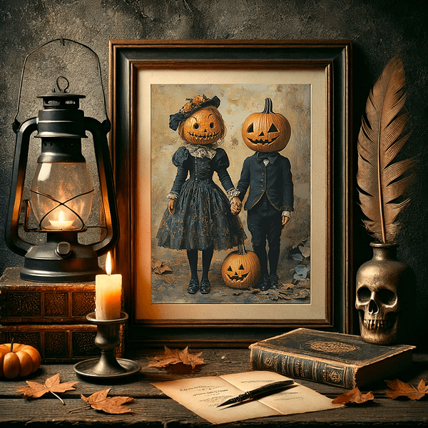 A vintage scene of two figures with carved pumpkin heads in dark Victorian attire. The Victorian Halloween Art is surrounded by a lantern, candle, and old books on a wooden table, with autumn leaves scattered around, creating a dark and moody Halloween decor.