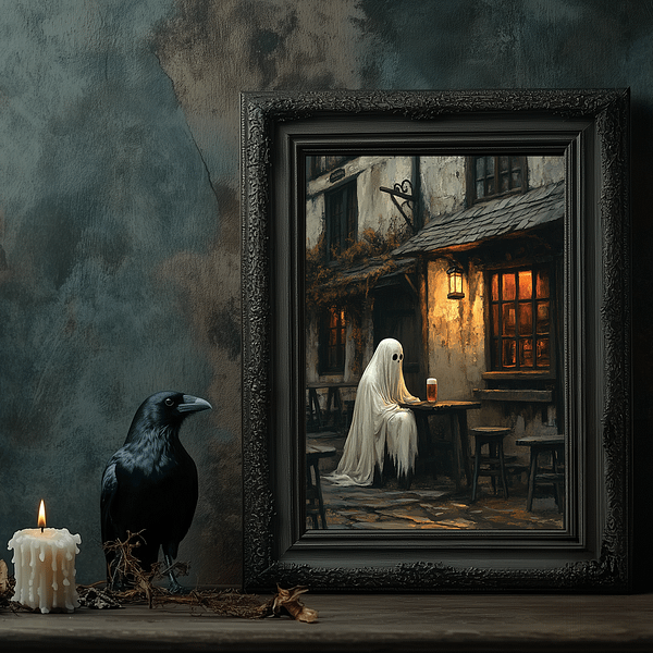 A framed Gothic Wall Art piece showing a ghost sitting at a wooden table in a pub. Beside the frame is a black raven statue and a lit candle. The scene is set against a moody dark wall, with warm orange light from the pub window contrasting the dim lighting and dark decor.