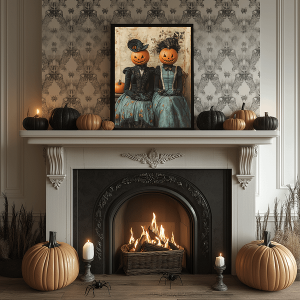 Gothic home decor pumpkin head art above a white fireplace, surrounded by black and orange pumpkins and candles.