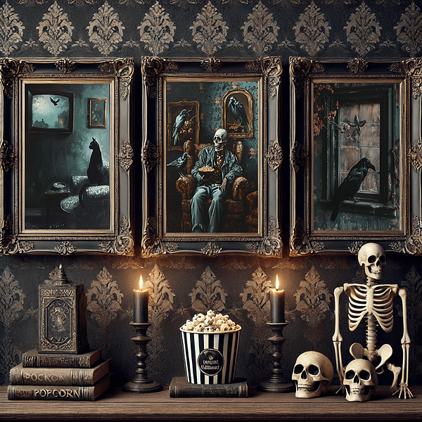 This dark gothic poster features a black cat gazing at a raven through a window in a moody vintage room. The dim green walls and antique furniture create a mysterious, eerie atmosphere. Candles flicker on the side table, adding to the gothic vibe.