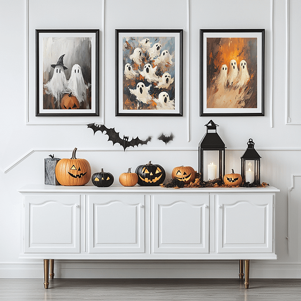 Two white ghost figures, one wearing a black witch hat, stand beside a carved pumpkin. The background has gray and white brushstrokes, creating a spooky, minimalist effect. This Halloween Ghost Decor fits a fun yet eerie home setting.