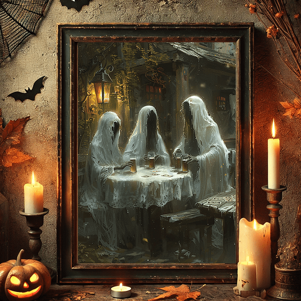 A dark, eerie scene shows three ghostly figures drinking beer and playing cards around a table. Dim, warm lighting creates a moody atmosphere with spooky charm, making this Spooky ghost art perfect for Halloween décor.