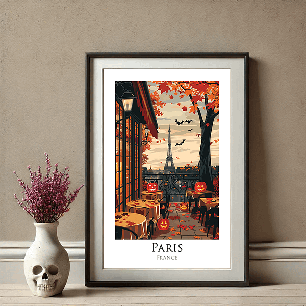 On an autumn evening, a cozy Parisian café terrace adorned with jack-o'-lanterns overlooks the Eiffel Tower. Warm oranges and reds create a festive Halloween atmosphere, with bats flying in the background. Simple decor includes pumpkins, a skull vase, and soft beige walls.