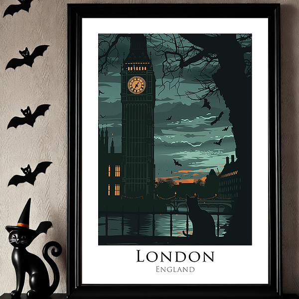 A framed Halloween London Art print of Big Ben, with bats flying through the night sky and a black cat watching from the shadows. The artwork is dark with muted greens and oranges, adding a spooky yet charming atmosphere.