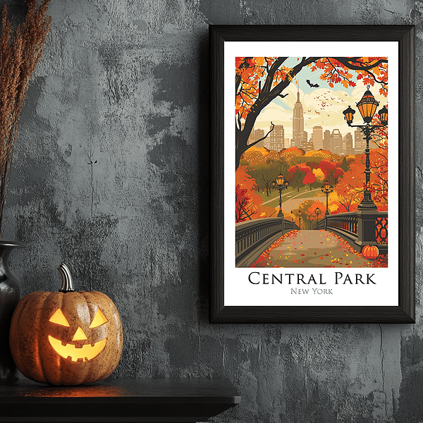 A framed Halloween NYC Art featuring Central Park in autumn with vibrant orange, red, and yellow trees. The gray wall and carved pumpkin enhance the Halloween feel, with subtle lighting adding warmth.